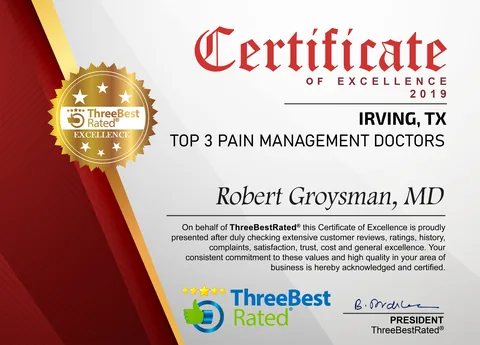 ThreeBestRated Certificate of Excellence 2019, Top 3 Pain Management Doctors, Irving, TX, awarded to Robert Groysman, MD