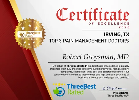 ThreeBestRated Certificate of Excellence 2020, Top 3 Pain Management Doctors, Irving, TX, awarded to Robert Groysman, MD