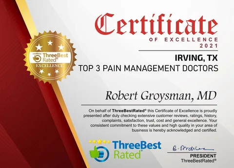 ThreeBestRated Certificate of Excellence 2021, Top 3 Pain Management Doctors, Irving, TX, awarded to Robert Groysman, MD