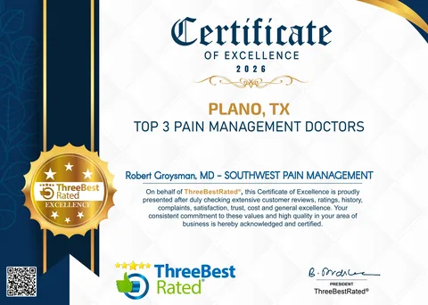 ThreeBestRated Certificate of Excellence 2026, Top 3 Pain Management Doctors, Plano, TX, awarded to Robert Groysman, MD